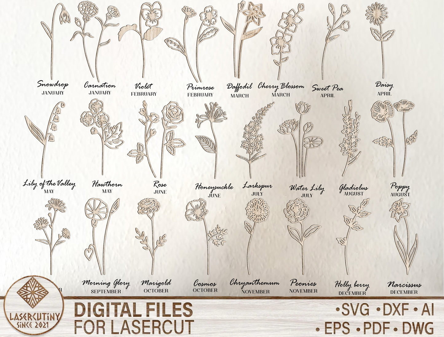 Birth Month Flower Botanical SVG Set Engraved Style for LightBurn