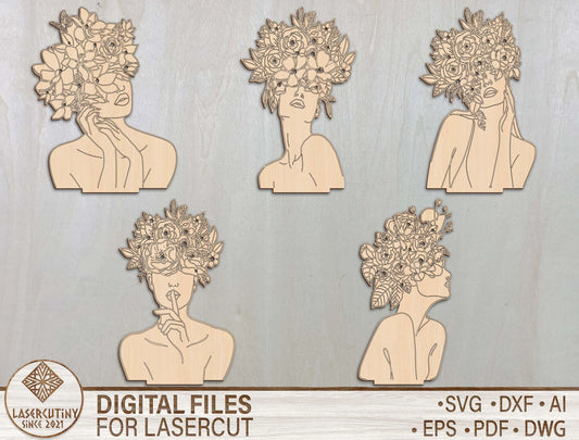 Floral Woman Bust Stand SVG Elegant Botanical Line Art for xTool