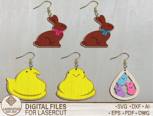 Easter Peeps Earrings SVG Bundle – Wooden Easter Jewelry Laser Cut File – Bunny Chick Dangle Earrings Set