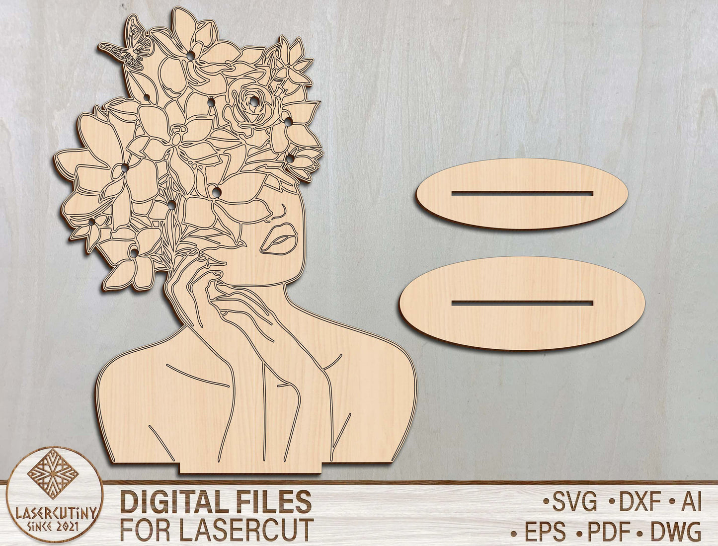 Floral Woman Bust Stand SVG Elegant Botanical Line Art for xTool