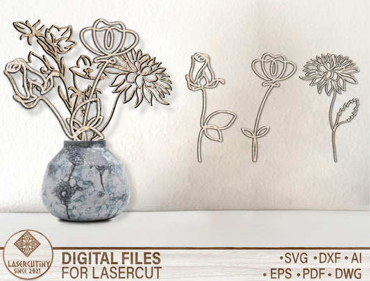 Minimal Botanical Flower Line Art SVG Laser Cut File for Glowforge