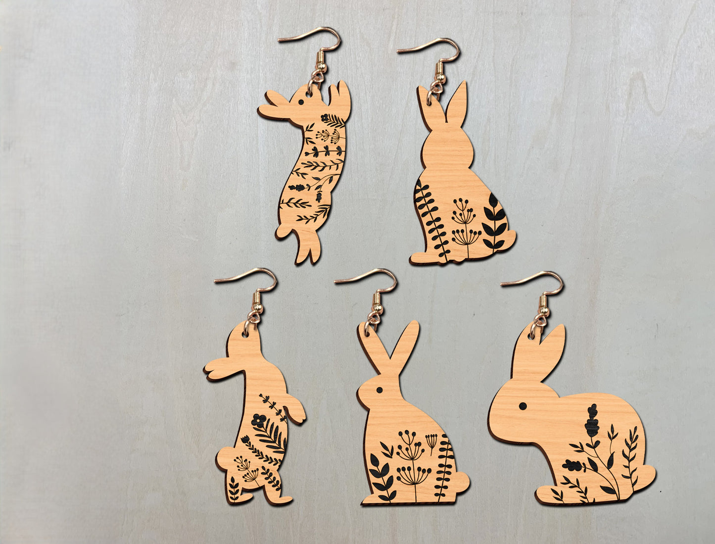Floral Bunny Earrings SVG Bundle Engraved Rabbit for Glowforge and xTool
