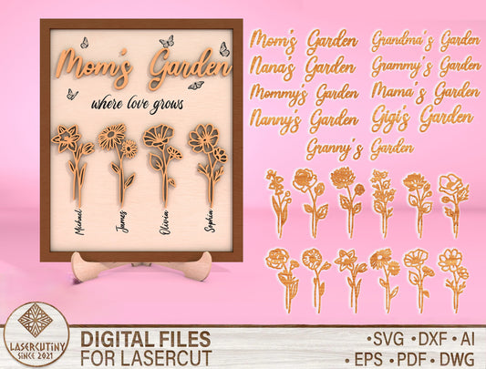 Mom's Garden Personalized Flower Name Sign SVG for LightBurn and xTool
