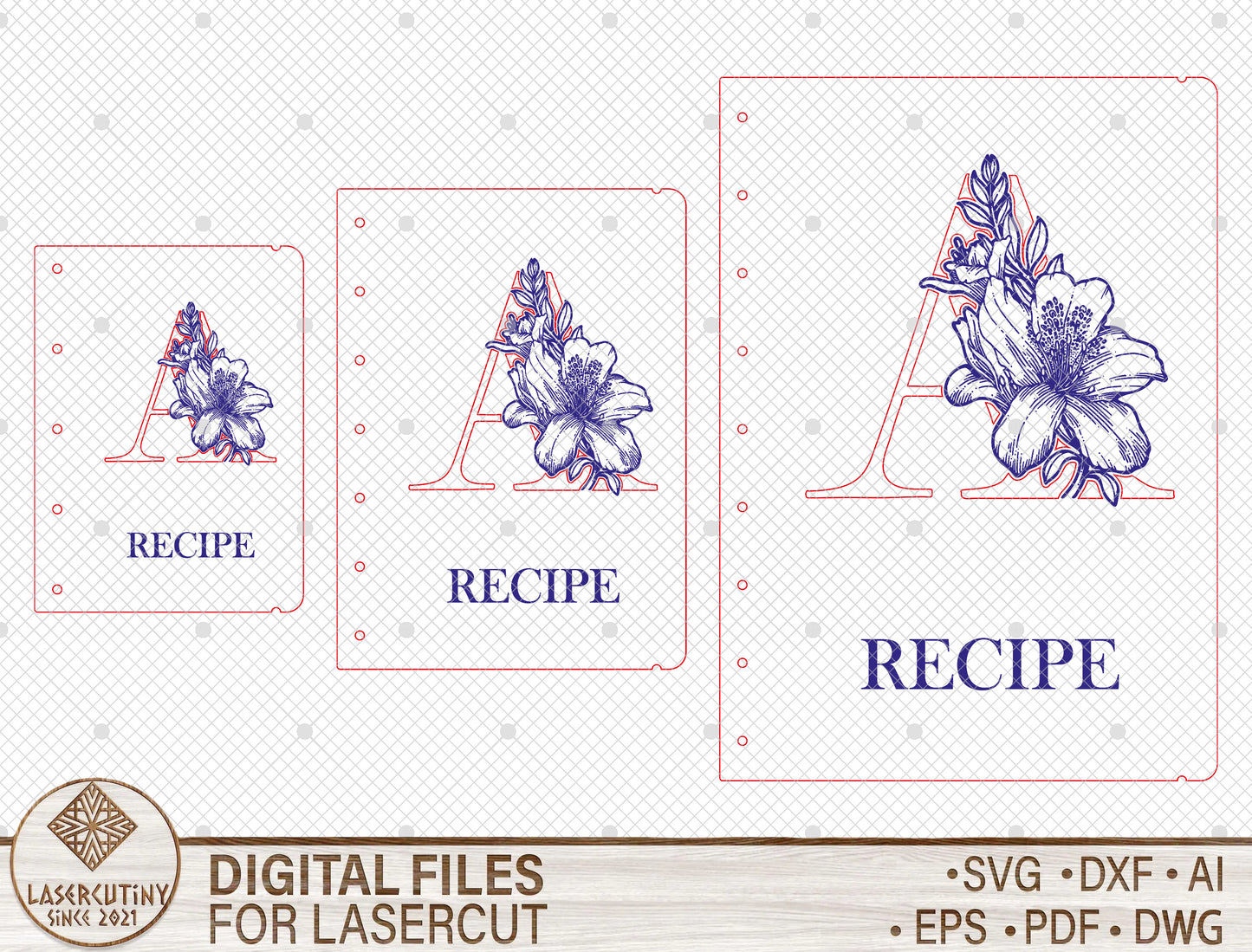 Alphabet Floral Recipe Book SVG Personalized Cookbook for Glowforge