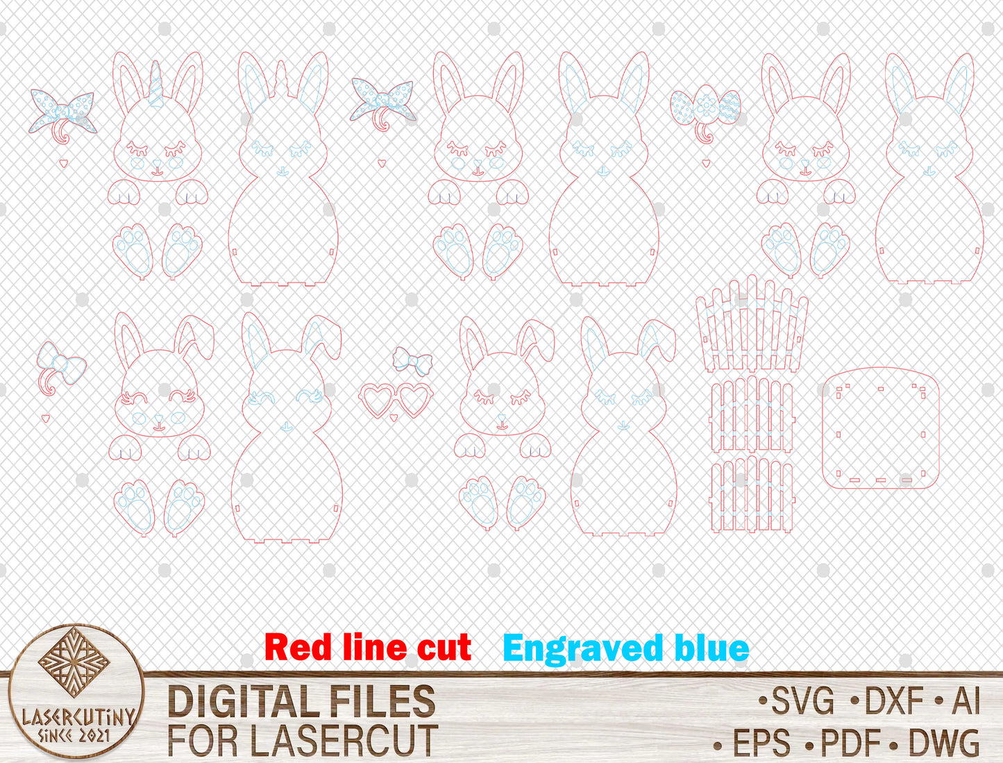 Easter Bunny Basket SVG Cute Wooden Fence 5 Designs for Glowforge and xTool