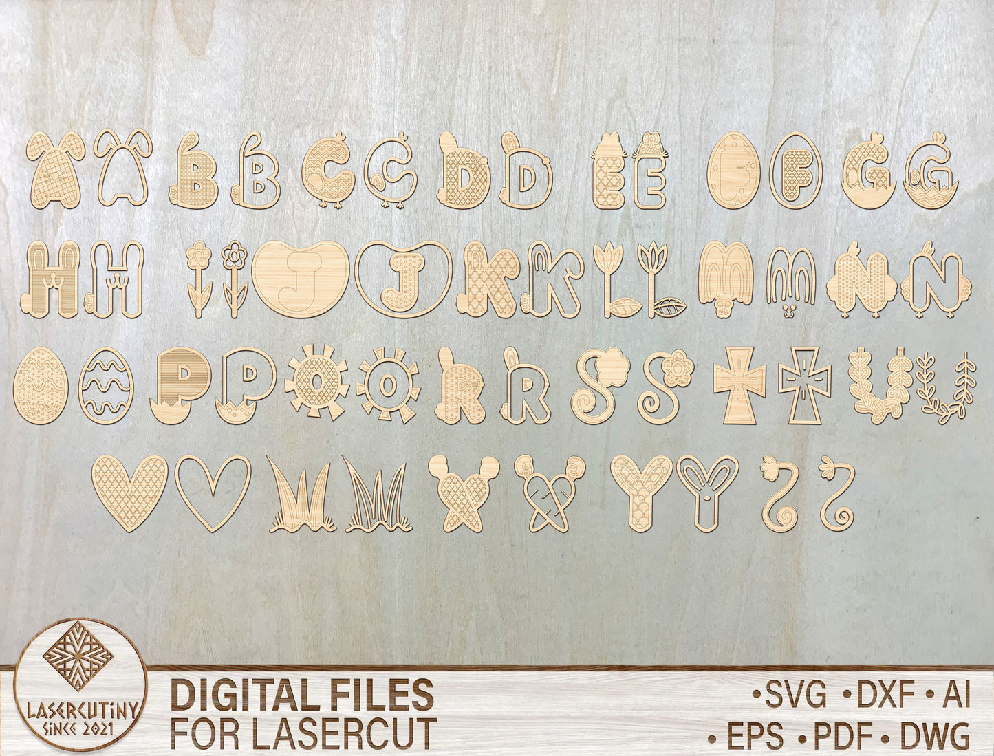 Easter Alphabet Letters SVG Bundle Cute Bunny ABC for LightBurn and xTool