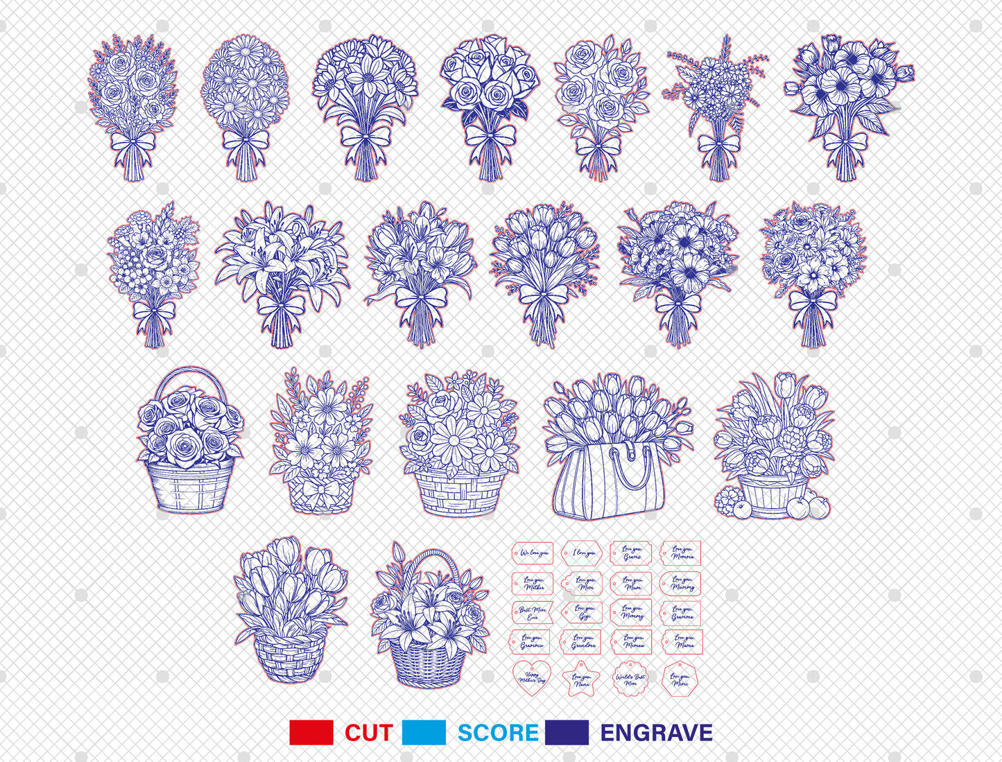 Floral Bouquet Engraving SVG Bundle Hand Drawn for Glowforge