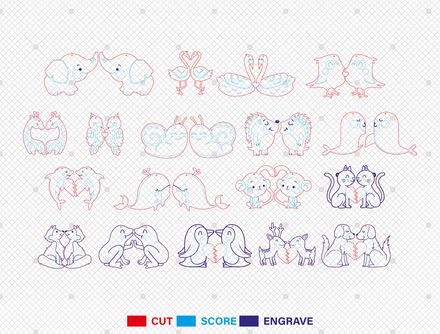 Animal Couple Keychain Laser Cut File Bundle | Cute Love Animals SVG Set | Valentine Wooden Keychain Design | Glowforge, xTool, LightBurn, etc.