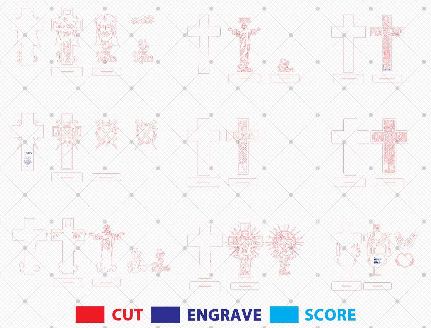 Christian Cross SVG – Easter Wooden Tabletop Decor – He Is Risen Jesus Cross Laser Cut File – 9 Designs