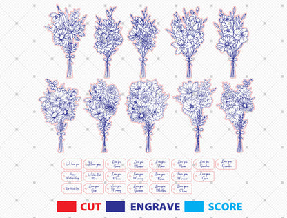 Flower Bouquet Sign SVG Bundle 10 Flowers 21 Tags for Glowforge and xTool