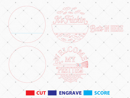 It's Frickin Bats In Here and Welcome My Pretties Door Hanger SVG Set for Glowforge xTool
