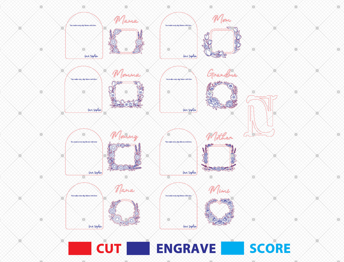 Personalized Nana Grandma Mom Floral Photo Frame SVG Bundle for xTool and Glowforge