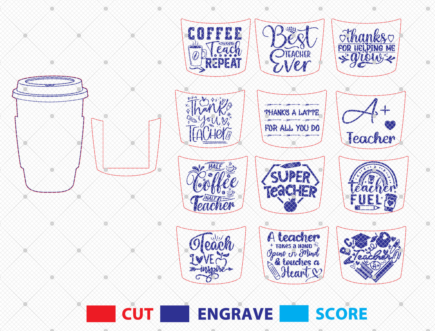 Teacher Coffee Cup Card Holder SVG Bundle Laser Cut File for Glowforge and xTool