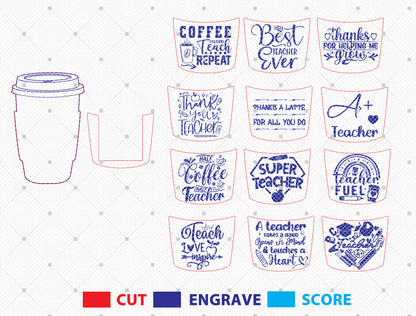 Teacher Coffee Cup Card Holder SVG Bundle Laser Cut File for Glowforge and xTool
