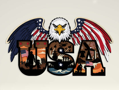 Patriotic Eagle Multilayer Laser Cut File Bundle for Glowforge xTool LightBurn USA Veteran SVG 5 Designs