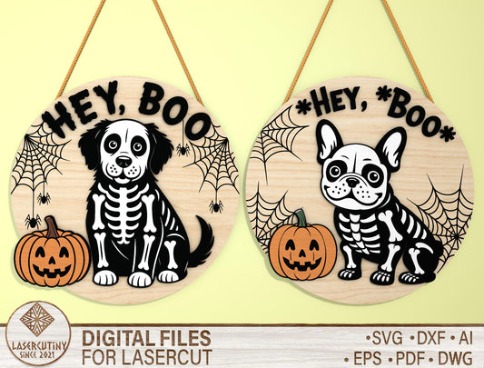 Skeleton Dog Halloween Door Sign SVG Bundle Laser Cut File for Glowforge