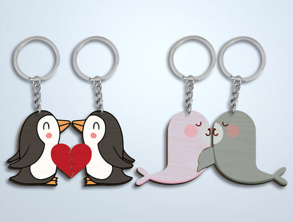 Animal Couple Keychain Laser Cut File Bundle | Cute Love Animals SVG Set | Valentine Wooden Keychain Design | Glowforge, xTool, LightBurn, etc.