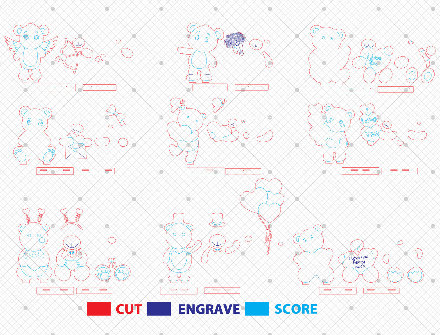 Cute Valentine Bear Laser Cut File Bundle | Teddy Bear Love Decor | Kids & Romantic Style | Glowforge, xTool, LightBurn, etc.