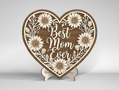 Mom Heart Tabletop Sign SVG Bundle Floral Mother's Day Desk Decor Laser Cut File for Glowforge and LightBurn