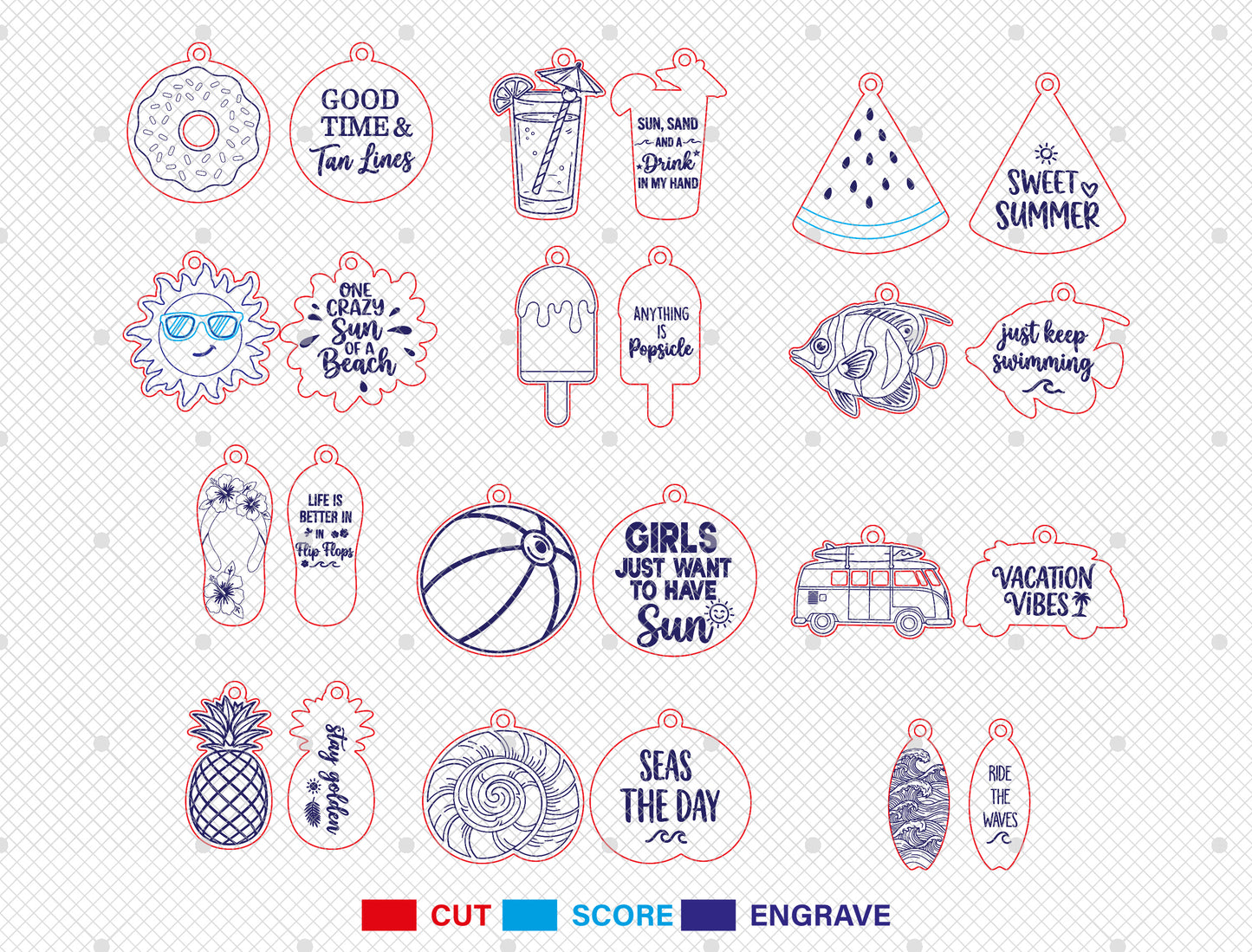 Summer Beach Keychain SVG Bundle Laser Cut File for Glowforge and xTool