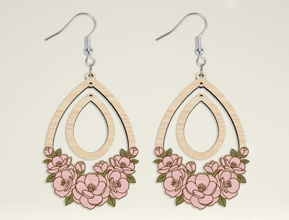 Teardrop Wooden Floral Dangle Earrings SVG Bundle for Glowforge and xTool