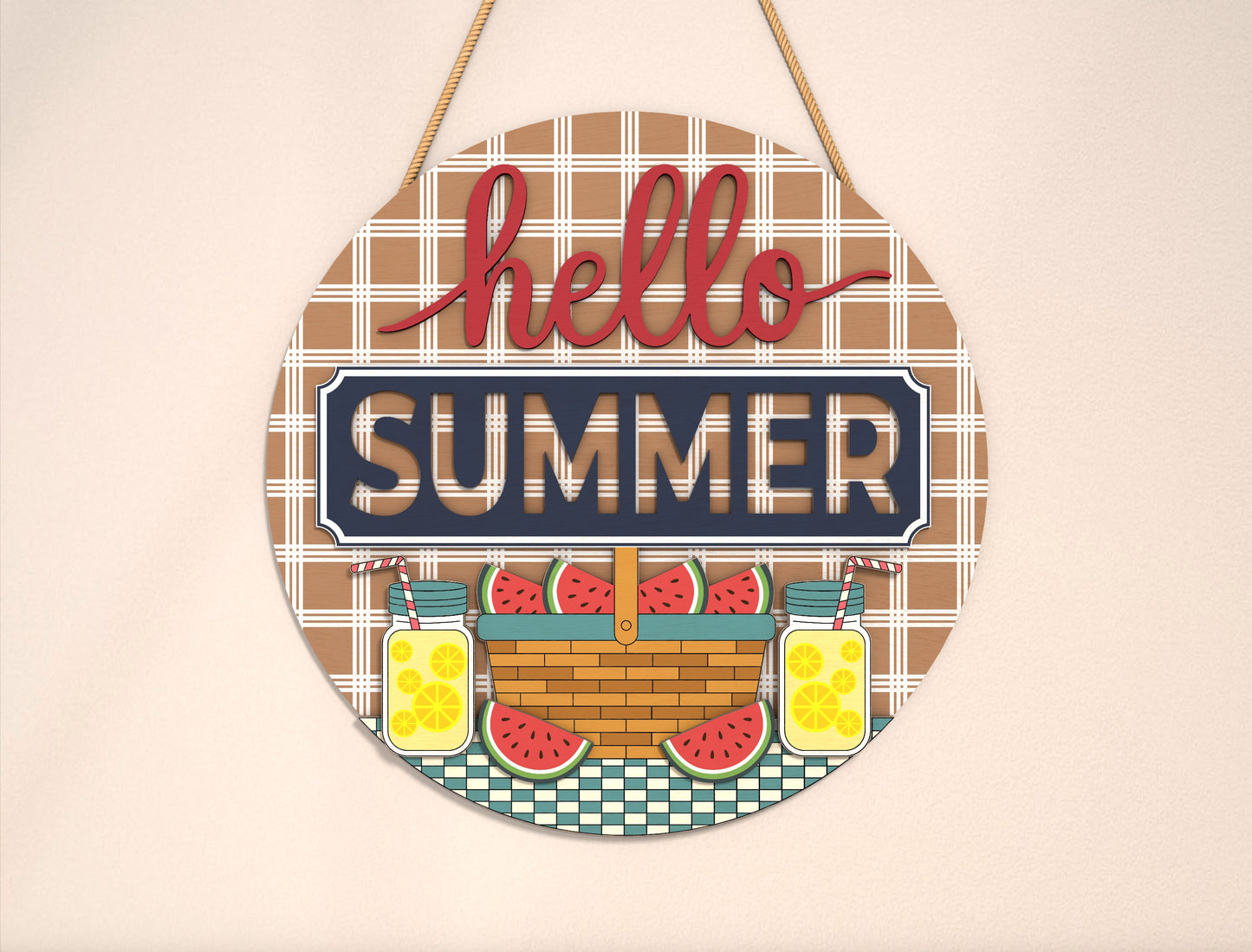 “Hello Summer” Picnic Watermelon SVG Door Sign for Glowforge