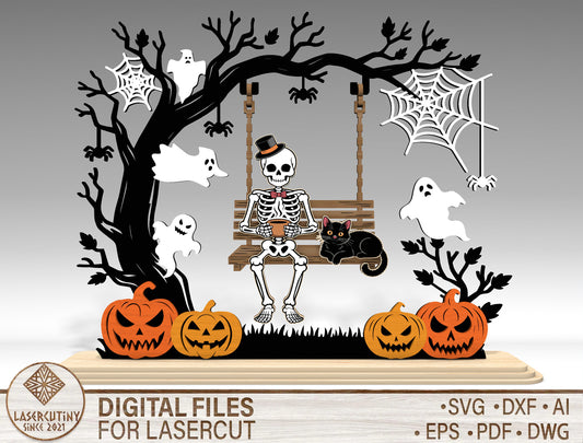 Halloween Skeleton Swing SVG Spooky Laser Cut Decor for LightBurn