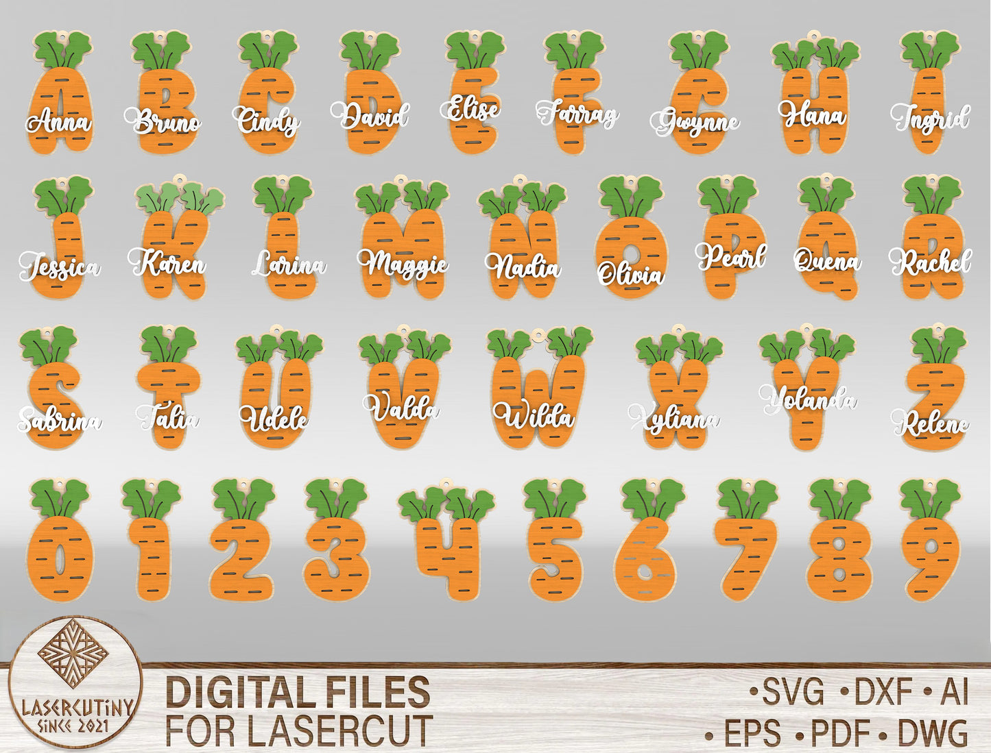 Easter Carrot Basket Tags SVG Alphabet Number Name Tags for LightBurn and xTool