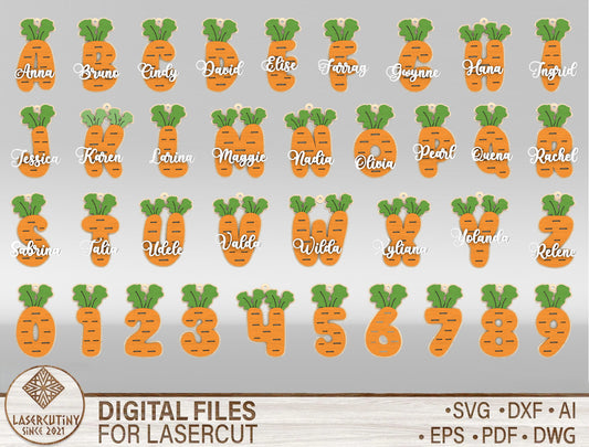 Easter Carrot Basket Tags SVG Alphabet Number Name Tags for LightBurn and xTool