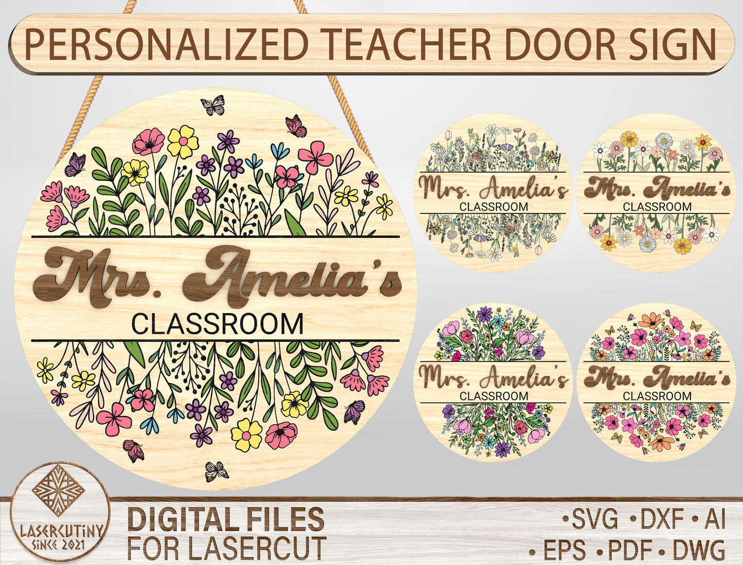 Personalized Wildflower Classroom Door Sign Laser Cut File SVG for Glowforge and xTool