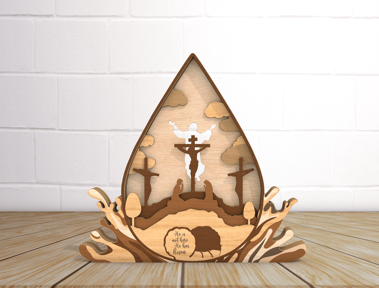 Multilayer Christian Easter He Is Risen Cross Scene SVG for Glowforge