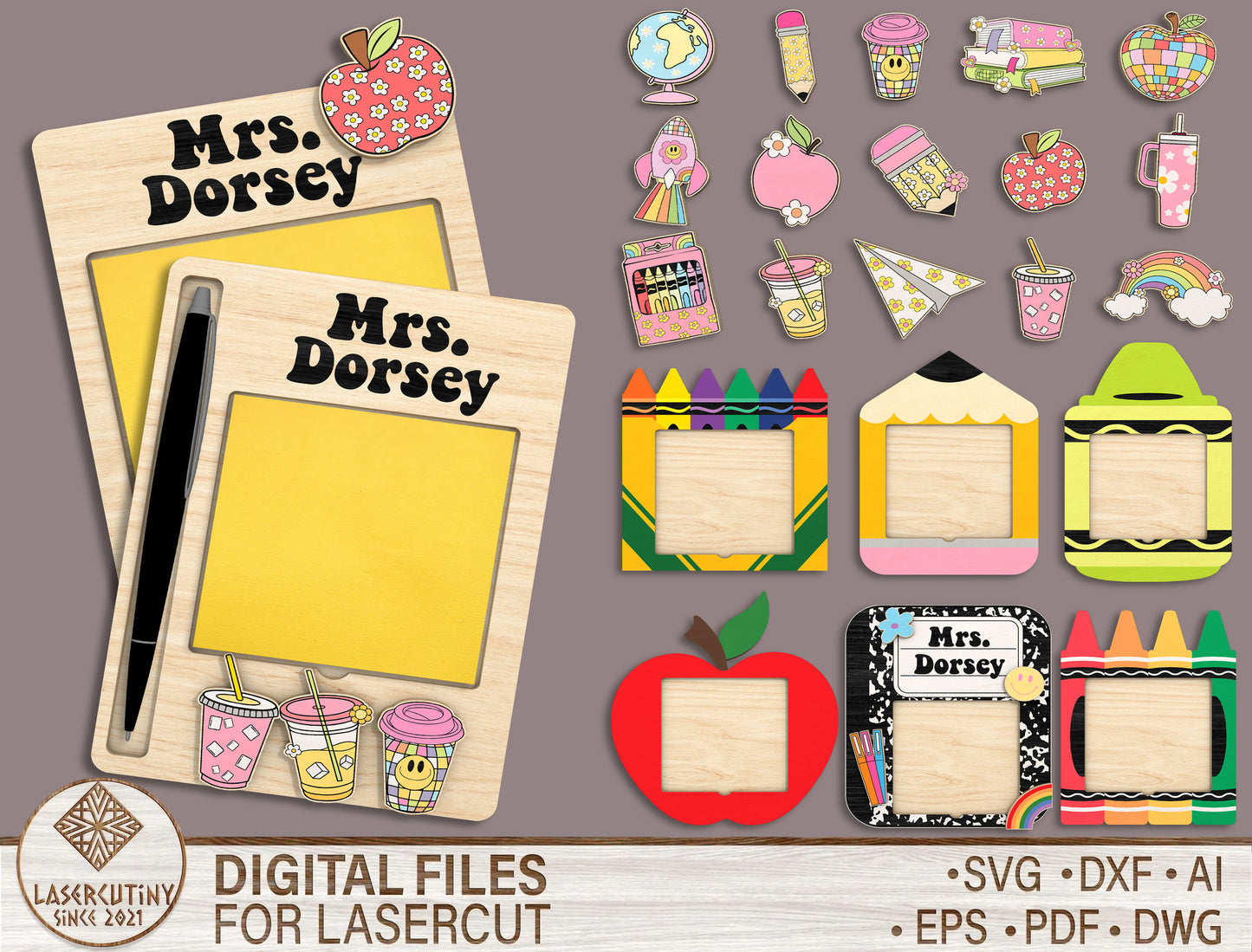 Personalized Teacher Sticky Note Holder SVG for Glowforge and xTool