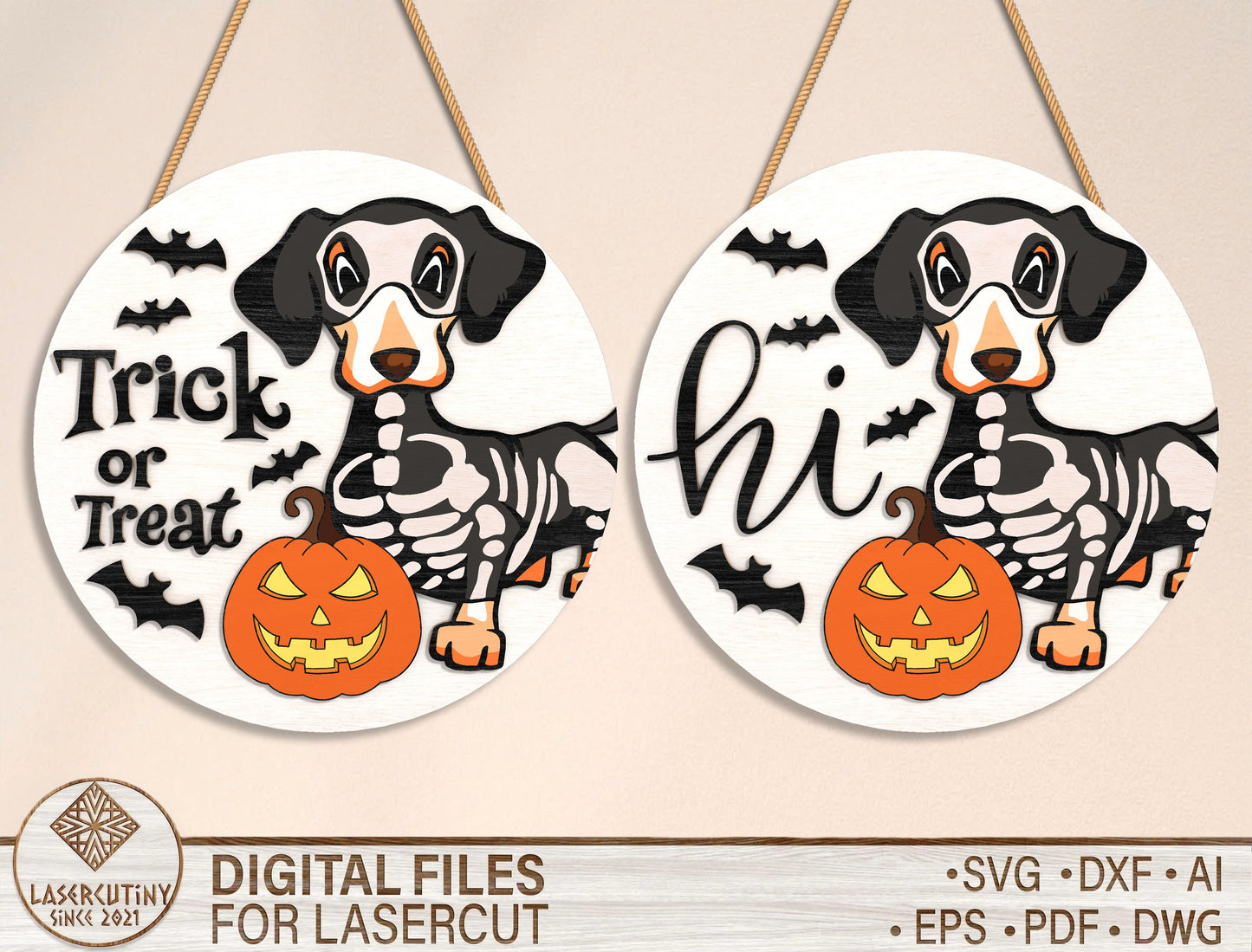 Trick or Treat Hi Skeleton Dachshund Halloween Door Hanger SVG Set for Glowforge xTool