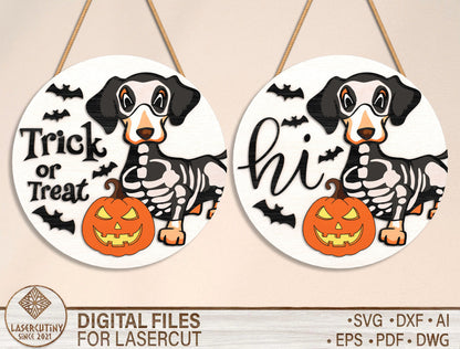 Trick or Treat Hi Skeleton Dachshund Halloween Door Hanger SVG Set for Glowforge xTool
