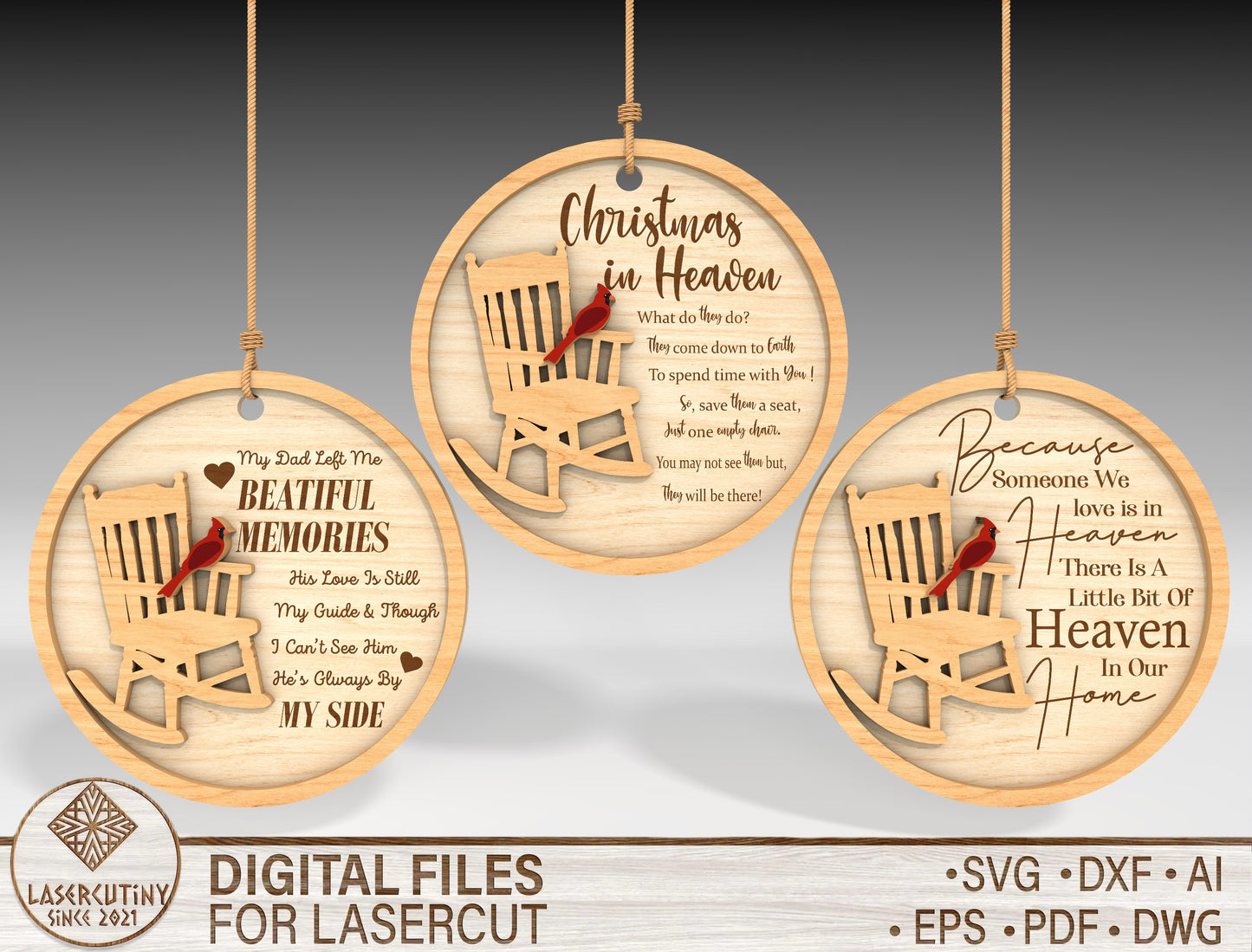 Rocking Chair Memorial Christmas Ornament SVG Bundle Laser Cut File for Glowforge xTool LightBurn