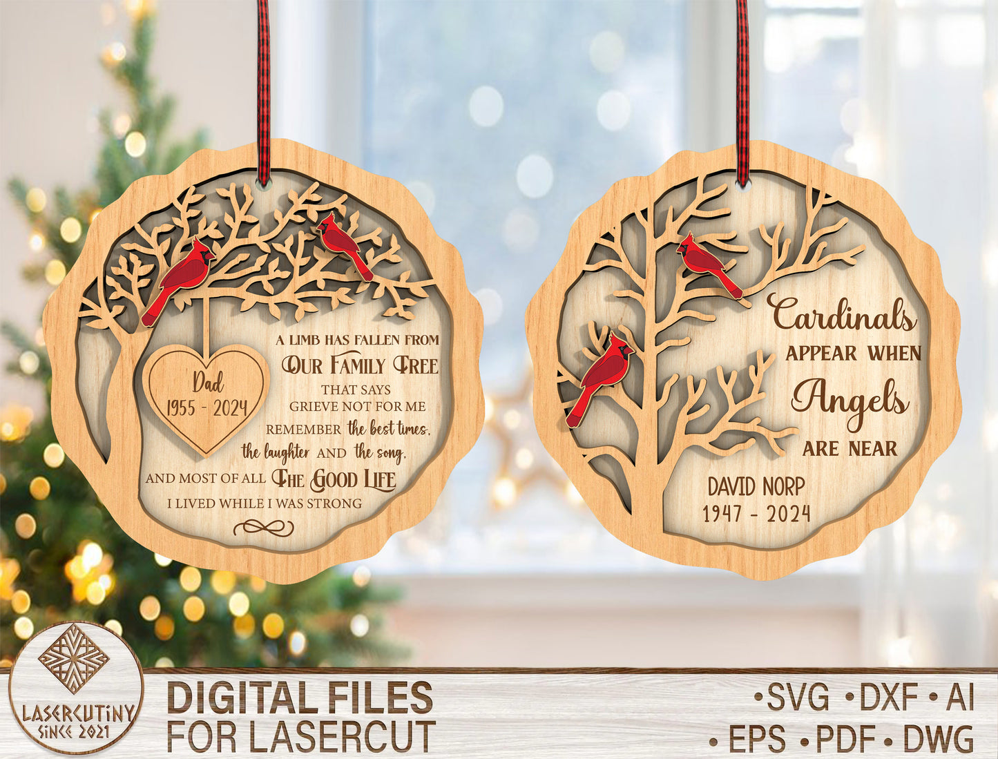 Cardinal Memorial Ornament SVG Tree Remembrance Decor Laser Cut File for Glowforge