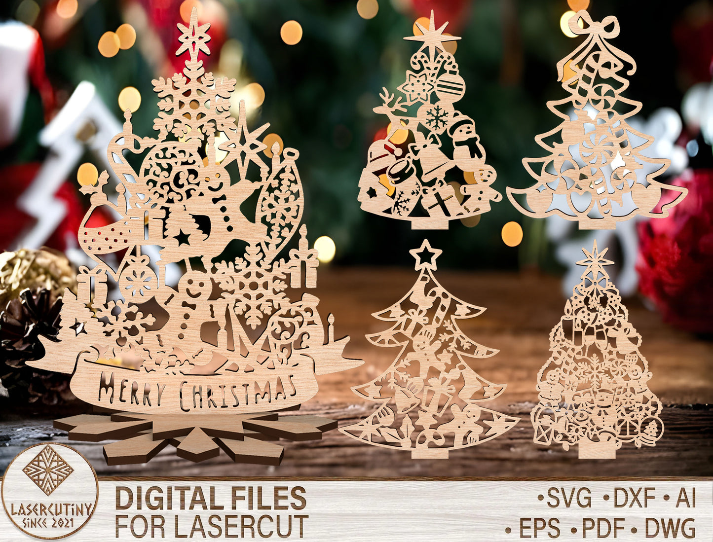 Christmas Tree Silhouette Decor SVG Bundle Laser Cut File for Glowforge xTool LightBurn
