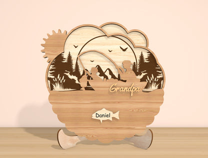 Personalized Dad Fishing Scene SVG Laser Cut File | Family Name Sign Decor | Layered Wooden Art | Glowforge, xTool, LightBurn, etc.