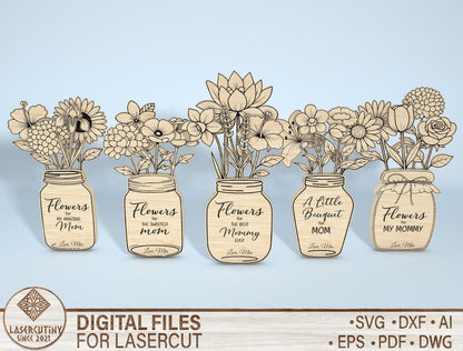 Mason Jar Flower Sign SVG Bundle 5 Designs 20 Flowers for Glowforge
