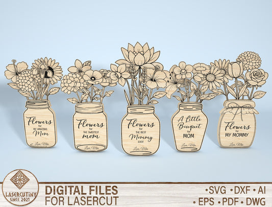 Mason Jar Flower Sign SVG Bundle 5 Designs 20 Flowers for Glowforge