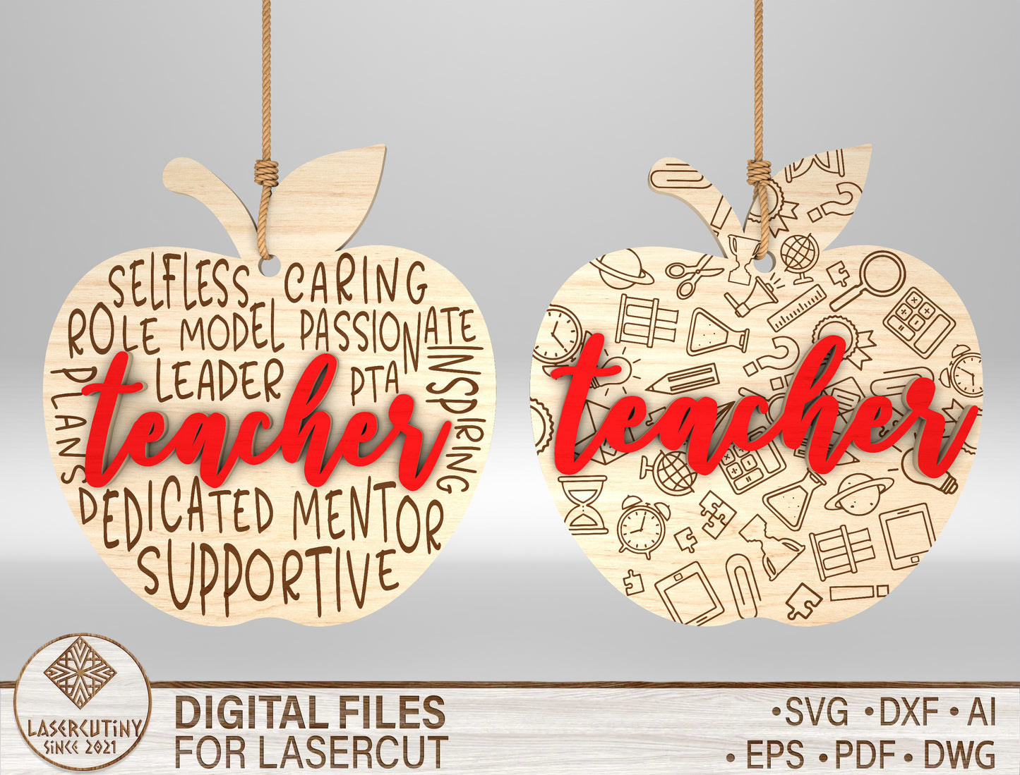 Teacher Apple Ornament SVG Bundle Laser Cut File for Glowforge