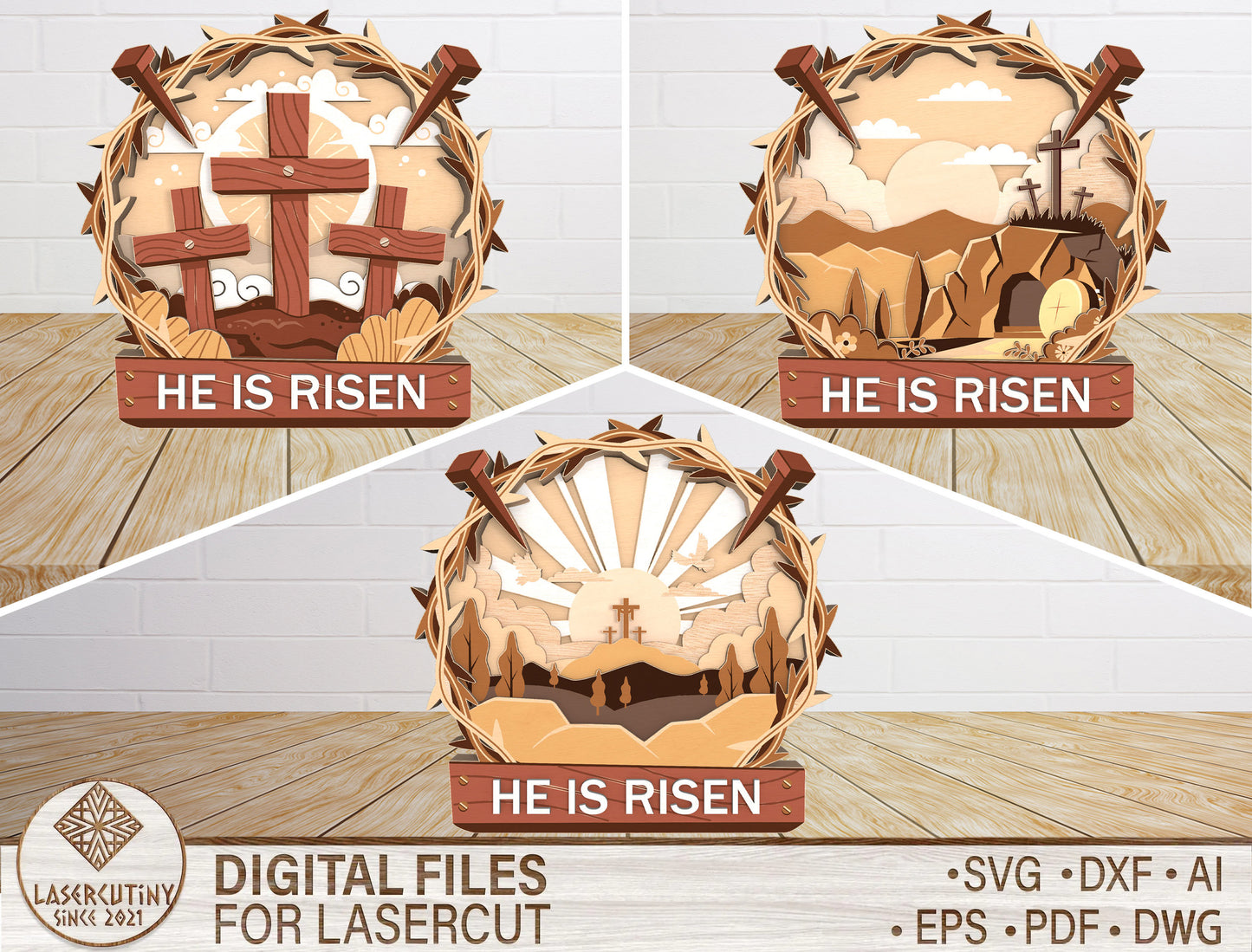 He Is Risen Cross Scene SVG Bundle 3 Designs for Glowforge and xTool