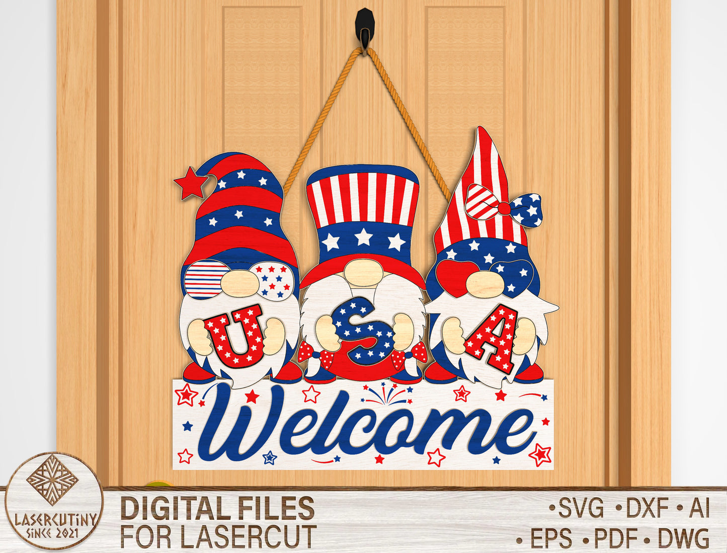 4th of July Gnomes Door Sign SVG Laser Cut File for xTool