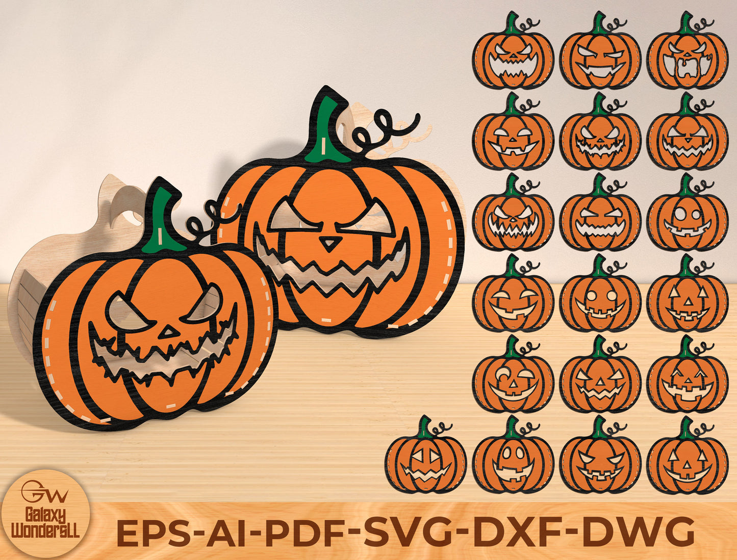 Halloween Pumpkin Face SVG Bundle Laser Cut File | 20 Jack O Lantern Designs | Spooky Wooden Decor | Glowforge, xTool, LightBurn, etc.