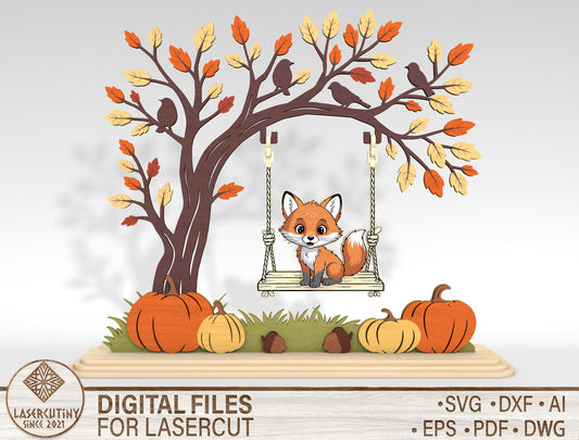 Fox on Swing Fall Scene SVG for Glowforge xTool LightBurn