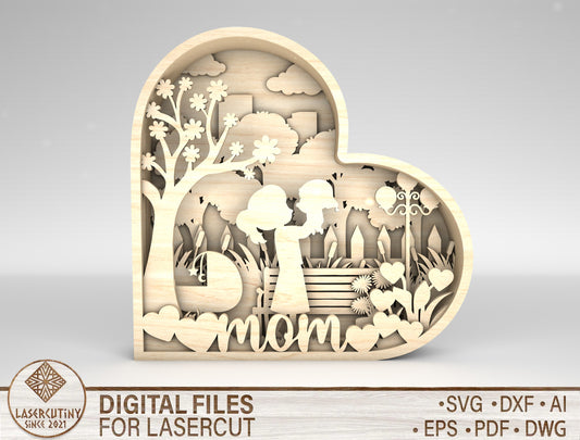 Mom Heart Scene SVG Multilayer Mother Child Garden for Glowforge