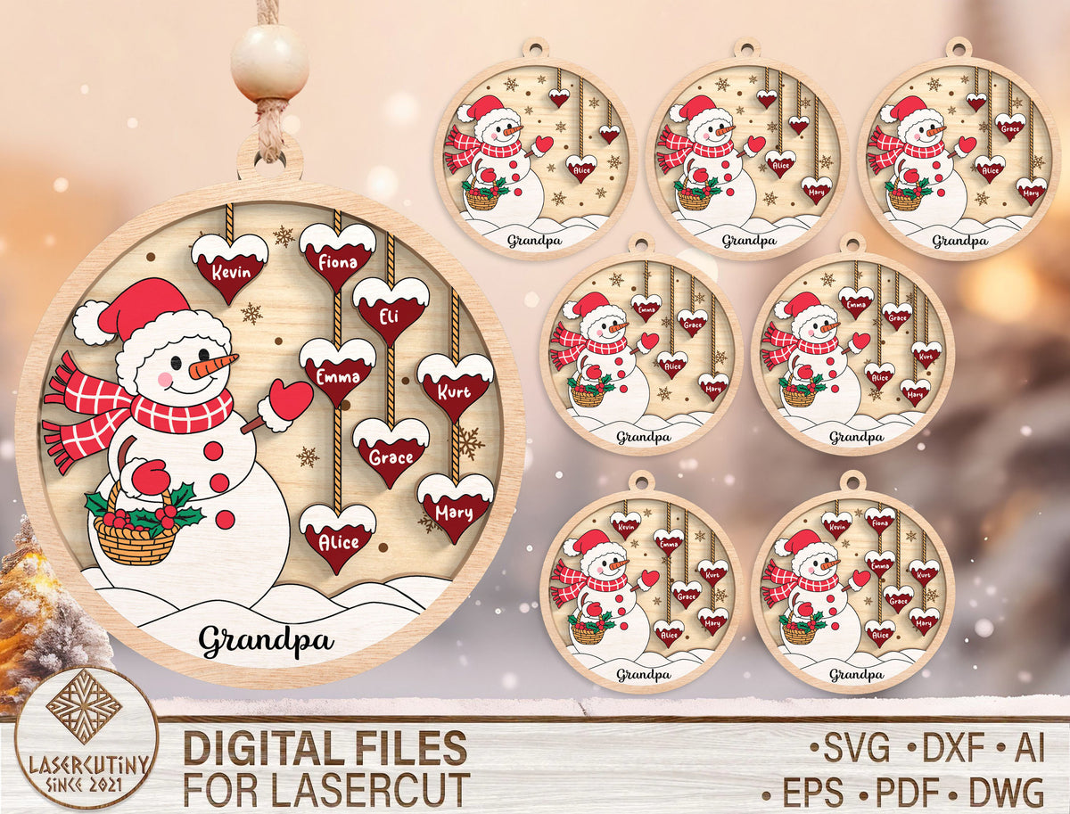 Grandpa's Heart Snowman Family Name Ornament SVG 1