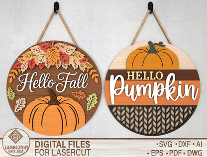 Hello Fall Hello Pumpkin Door Hanger SVG Set for Glowforge xTool LightBurn 2 Designs
