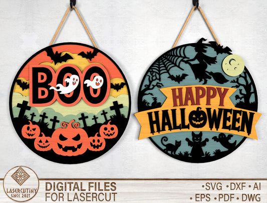 Happy Halloween Door Sign SVG Boo Pumpkin Laser Cut Bundle for LightBurn