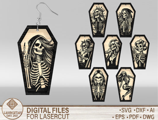 8 Skeleton Coffin Earrings SVG Halloween Laser Cut Bundle for LightBurn